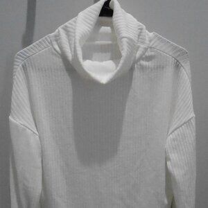 Women's White Ribbed Cowl Neck Long Sleeve Drop Shoulder Ribbed Top Size-Small
